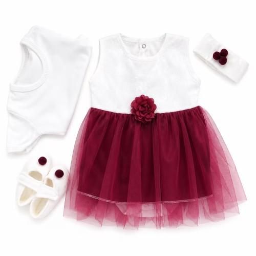 Coffret baptême fillette – En blanc avec brouge (Robe, barboteuse, chaussures & barrette) - Blanc/Rouge