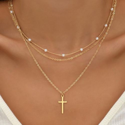 Set de Colliers Superposés avec Pendentif Croix - Collier Multi-Chaînes en Ton Or avec Perles