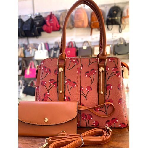 Ensemble Sac à Main Femme - 2 Pièces - Imprimé Cerises - Terre Cuite & Rouge Passion