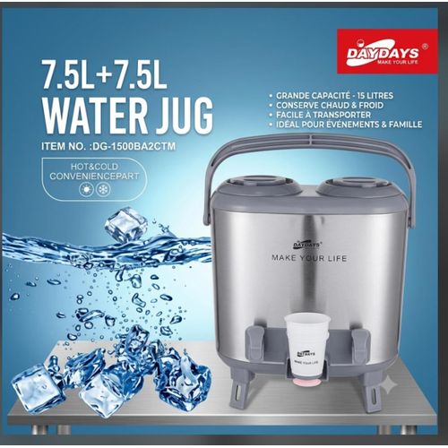 Pichet à eau a isolation thermique double compartiment de 7,5 L chacun - cruche à thermique de grande capacité