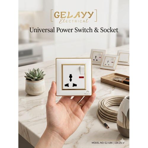 Pack de 10 Prise Murale Universelle GELAYY – Bordure Dorée – Avec Interrupteur Intégré et Indicateur LED – 13A 250V