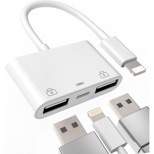 Adaptateur Lightning vers Multi-Ports 3-en-1 - Hub Convertisseur OTG avec 1 Port USB-C et 2 Ports USB-A - Transfert de Données & Charge Rapide pour iPhone et iPad - Blanc
