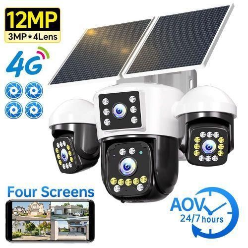 Caméra énergie Solaire 2-Panneaux 4EN1 Rotatif - 4 Objectif 360 90 120 Full-HD 4K 12MP/8MP WiFi-4G Carte Sim Alarme batterie intégrée alimentation en continue Blanc-Noir installation par application disponible sur catalogue tout les option en description