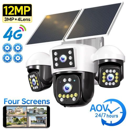 Caméra énergie Solaire 2-Panneaux Rotatif - 4 Objectif 360 90 120 Full-HD 4K 12MP/8MP WiFi-4G Carte Sim Alarme batterie intégrée alimentation en continue installation par application disponible sur catalogue tout les option en description