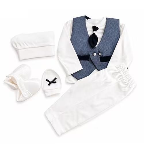 Coffret baptême garçon – Naissance - Bleu avec poche (Gilet, pantalon, bonnet, gants & chaussures) - Blanc/Bleu