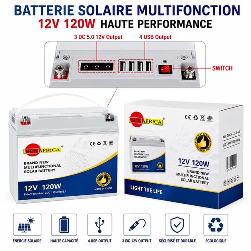 SUNAFRICA Batterie Solaire Multifonction 12V 120W Rechargeable – Haute Performance