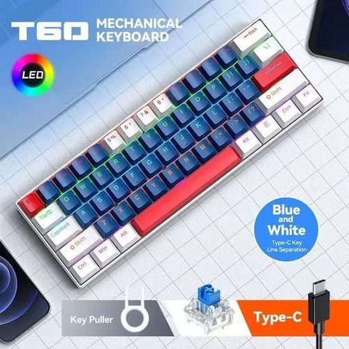 Clavier Gamer mécanique T-Wolf avec interrupteurs tactiles bleus, 61 touches, rétroéclairage RVB, câble Type-C détachable