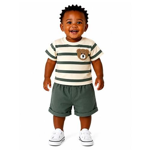 Ensemble Coton garçon – motif avec rayures (6 à 18 mois) - Vert Foncé