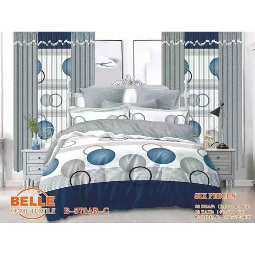 Parure de lit 6 pièces B-570AB-C motif cercles gris bleu marine, 2 draps 240×260cm + 2 taies 60×80cm + 2 rideaux 150×220cm, tissu microfibre décoration chambre complète