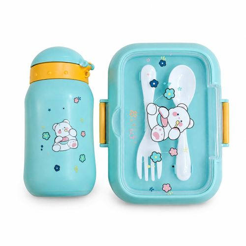 Kit Repas Enfant 2 Pièces – Lunch Box avec Couverts + Gourde – Bleu