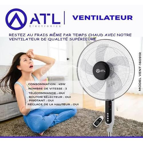 VENTILATEUR SUR PIED ATL 16/ TELECOMMANDE / 05 HELICES/ 3 VITESSES/ 220V / 50 Hz / 45W / BLANC – NOIR / 02 PCS/CRT