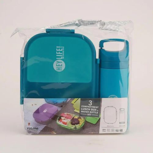 Kit Lunch Box Enfant avec Gourde Assortie - Boîte à Repas Compartimentée - Bleue