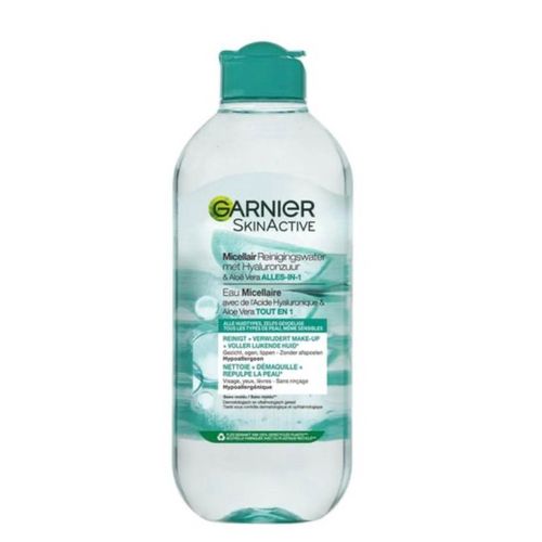 Eau micellaire tout en 1 GARNIER SkinActive tous types de peaux , même sensibles nettoie + démaquille + repulpe la peau visage , yeux , lèvres, sans rinçage 400ml