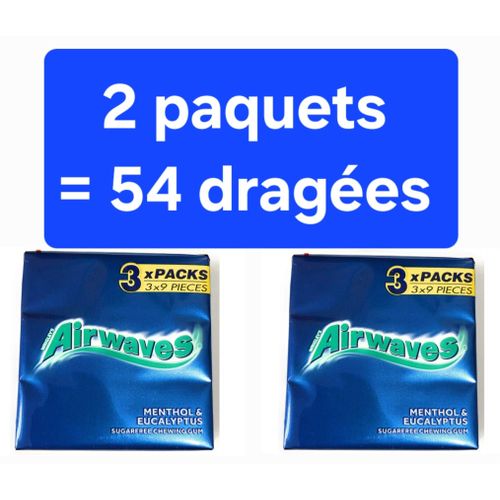, Chewing Gum Sans Sucre, AIRWAVES- Goût Menthol et Eucalyptus 2 Paquets de 27 Dragées ( soit 54 dragées ) Très mentholé, goût très frais.