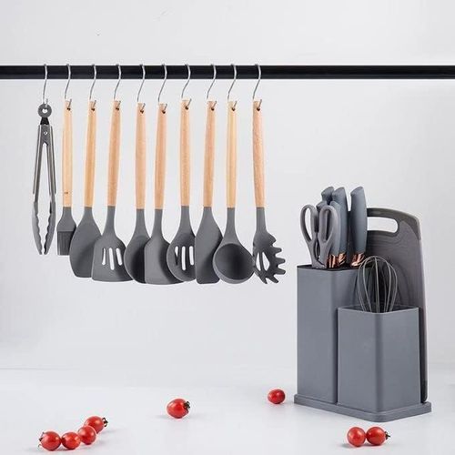 Set Couteaux de cuisine, ensemble d'Ustensiles de cuisine de 19 pièces, comprenant 5 couteaux et 13 Ustensiles de cuisine en silicone, ainsi qu'une boîte de rangement(Gris)