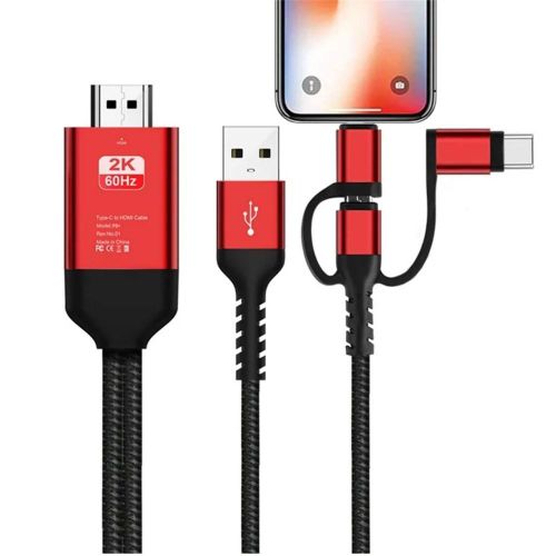 Câble 3 en 1 Téléphone vers TV HDMI - Type-C, Micro-USB et iOS, 2K 60Hz, Plug and Play (Rouge)
