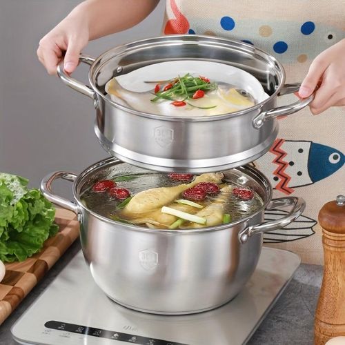 Panier vapeur double couche épais en acier inoxydable 304 pour la cuisson à la vapeur de petits pains, de raviolis, de soupes et autres préparations culinaires. Convient aux cuisinières à gaz et à induction.