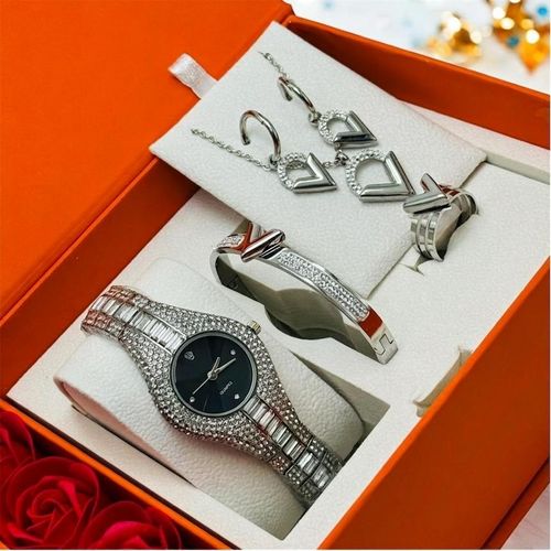 Coffret Bijoux Prestige – Montre Strass Cadran Noir Intense & Parure Complète Design V