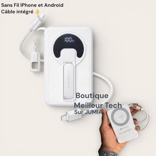 Power Bank Sans Fil 10000mAh R71T Cable Integré Blanc- 20W Charge Rapide PD & Sans Fil 15W - Samsung Xiaomi Tecno Huawei Iphone