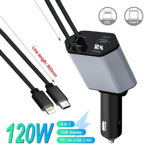 Chargeur Voiture 120W Charge Rapide HC-106 - 2 Cable Integré Type-C Et Iphone - Large Comptabilité IPhone Samsung Huawei Tecno Xiaomi Etc