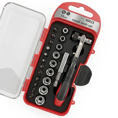 Coffret de Réparation 23 Pièces - Jeu de Cliquet Réversible et Douilles Métriques - Embouts de Vissage de Précision - Boîtier de Transport Compact Organisé - Kit d'Outils Multi-Usage pour Maison et Atelier