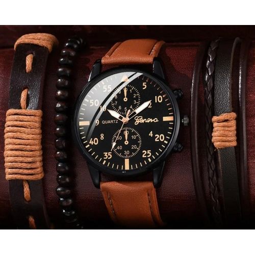 Montre-bracelet à Quartz Décontractée Sport Pour Hommes Ensemble De Montres De Luxe D'affaires Bracelet En Cuir Ensembles De Bijoux De Mode (sans Coffret)