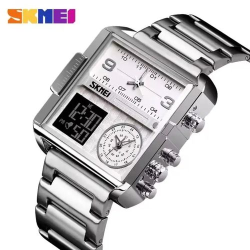 Montre Homme Analogique et Numérique ,Affichage à Trois Temps électroniques étanche, Tout - En-un Multifonctionnelle, Nouvelle Collection -Argent