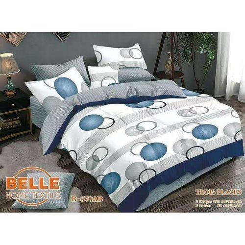 Belle Parure de lit 3 places B-570AB, housse de couette 260×240cm + 2 taies d'oreiller, motif cercles et rayures bleu gris