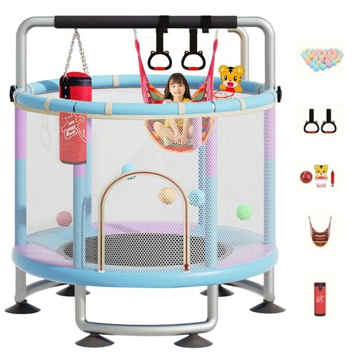 Trampoline d'intérieur et d'extérieur pour enfants de 1,4 mètres, trampoline pour tout-petits avec filet de sécurité, mini trampoline pour bébé avec panier de basket / balançoire / sac de sable, trampoline de saut à l'élastique pour enfants