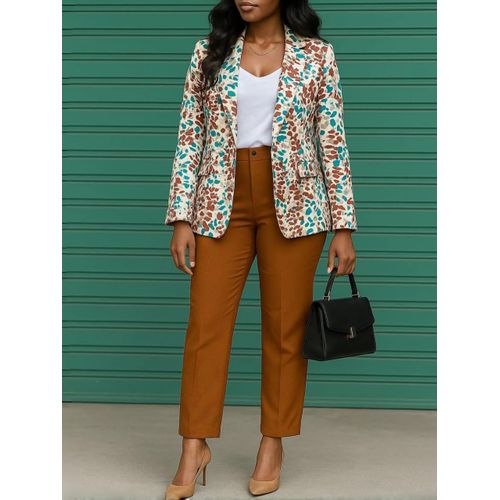 Ensemble Femme Chic – Blazer Imprimé Multicolore et Pantalon MARRON