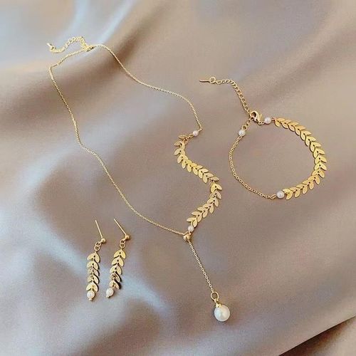 Lot de 3 Bijoux Femme Feuille d'Or Perle - Collier, Bracelet & Boucles d'Oreilles