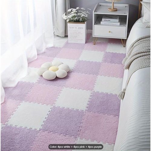 Tapis en mousse emboîtable en 12 pièces, dalle de moquette moelleuse, tapis de sol en peluche, dalle de sol pour chambre, tapis de jeu doux puzzle (blanc + rose + violet)