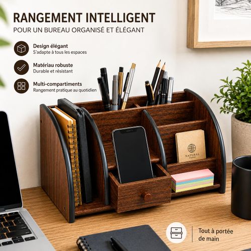 Organisateur de Bureau en Bois avec Tiroir – Rangement Multifonction à Compartiments pour Stylos, Téléphone, Carnets et Fournitures de Bureau