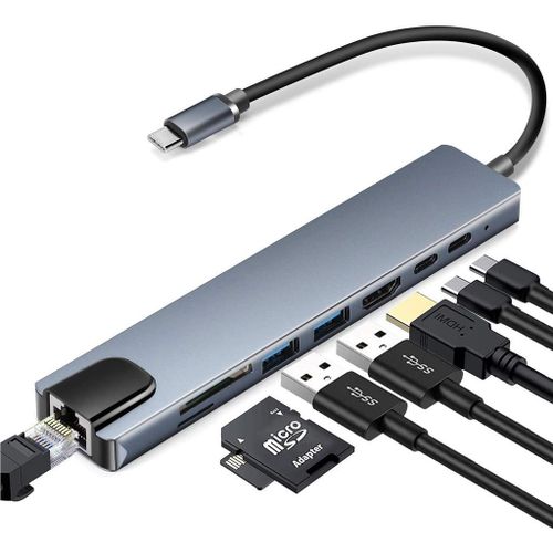 LIX Hub USB-C Premium 8-en-1 - HDMI 4K, RJ45 Gigabit, USB 3.0, Lecteur SD/microSD, Power Delivery - Compatible Windows, Mac, Linux, Android, iPad & Chromebook