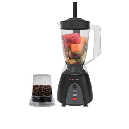 Blender & Moulin à grains - Noir mat pour la base du moteur et le couvercle supérieur, panneau de commande central gris avec boutons multicolores (blanc, rouge, bleu). Récipients en plastique transparent.