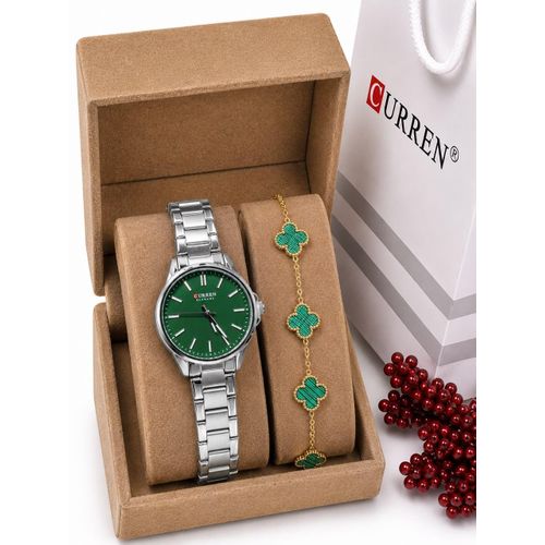 Montre dame fond vert en acier inoxydable +bracelet