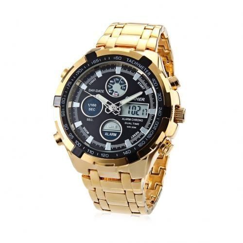 Montre Homme Analogique Et Numérique Avec Chrono Integré Quamer- Or/Noir