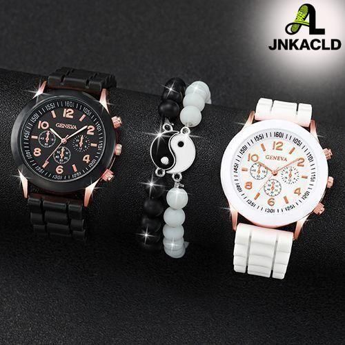 Mode Genève Couple Montres Femmes Casual Silicone Band Quartz Montre Ensemble De Bijoux
