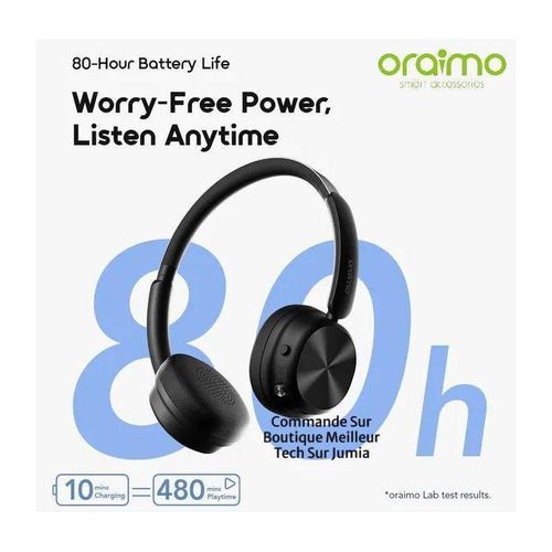 PREMIUM Oraimo Casque Bluetooth BoomPop Air Noir - Autonomie 80h – Bonne Bass HavyBass - Bluetooth 5.2 – légers on-ear HG