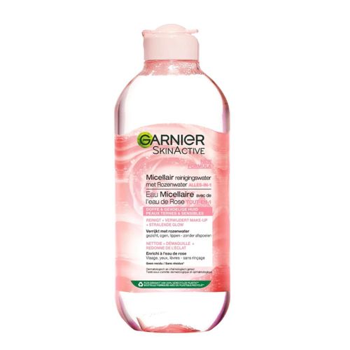 Eau micellaire solution tout en 1 GARNIER SKinActive à l’eau de rose peaux ternes et sensibles nettoie + démaquille + ravive l’éclat visage, yeux, sans rinçage effet apaisant grand format 400ml