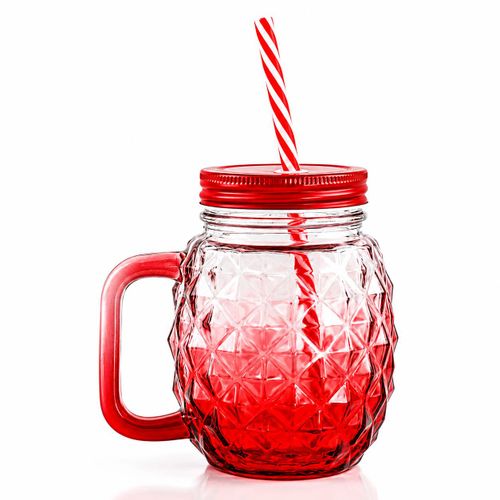 Tasse Mason Jar Ananas Colorée avec Poignée, Couvercle et Paille – Verre à Boisson Design