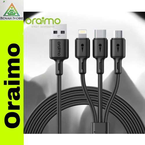 Câble de charge 3 en 1 Oraimo avec ports micro USB, USB-C et Lightning, compatible Android, iOS et appareils USB-C