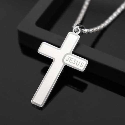 Longue chaîne Homme 60cm Argenté, bijoux religieux croix de jesus incrusté de jesus en Acier Inoxydable Pendentif croix de jesus, crucifix idéal cadeau de saint valentin, anniversaire, mariage, baptêmes