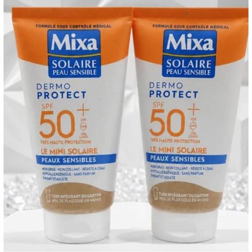 Lot 2 mini crème Solaire MIXA Peau Sensible - Lait Solaire Très Haute Protection SPF50+UVA+UVA Long, UVB Peaux Allergiques au soleil 2x50ml Adulte et enfant Importé De France