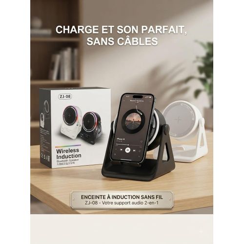 Support Audio 2-en-1 ZJ-08 : Enceinte Bluetooth & Chargeur Induction Sans Fil Rapide - Design Rotatif 360°