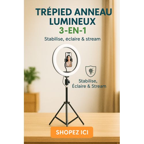 trépied anneau lumineux, ring light 3-en-1, trépied smartphone éclairage, anneau lumineux streaming, éclairage selfie LED.