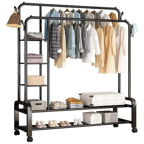 Porte-manteau pliable Double Barre avec Étagères – Roues universelles améliorées à 360°