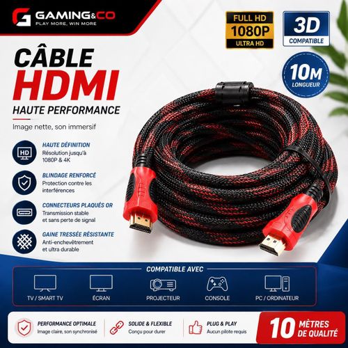 Câble HDMI Longueur 10 Mètres Haute Performance - Câble Ultra HD 4K & Full HD 1080P - Gaine Tressée Blindée et Connecteurs Plaqués Or, Rouge et Noir