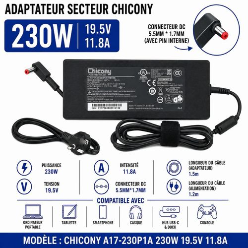 Chargeur Acer 230W 19,5V 11,8A, connecteur Dc 5,5 × 1,7 mm