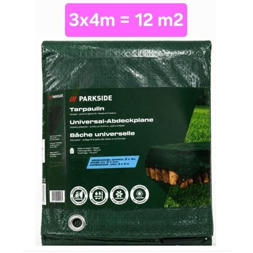 Importé de France. Bache de couverture impermeable PARKSIDE,3mX4m, ep.100gm2.Vert Bache exterieure interieur,Bache multi-usages, Bache de protection, bache impermeable, bâche professionnelle, contre soleil.